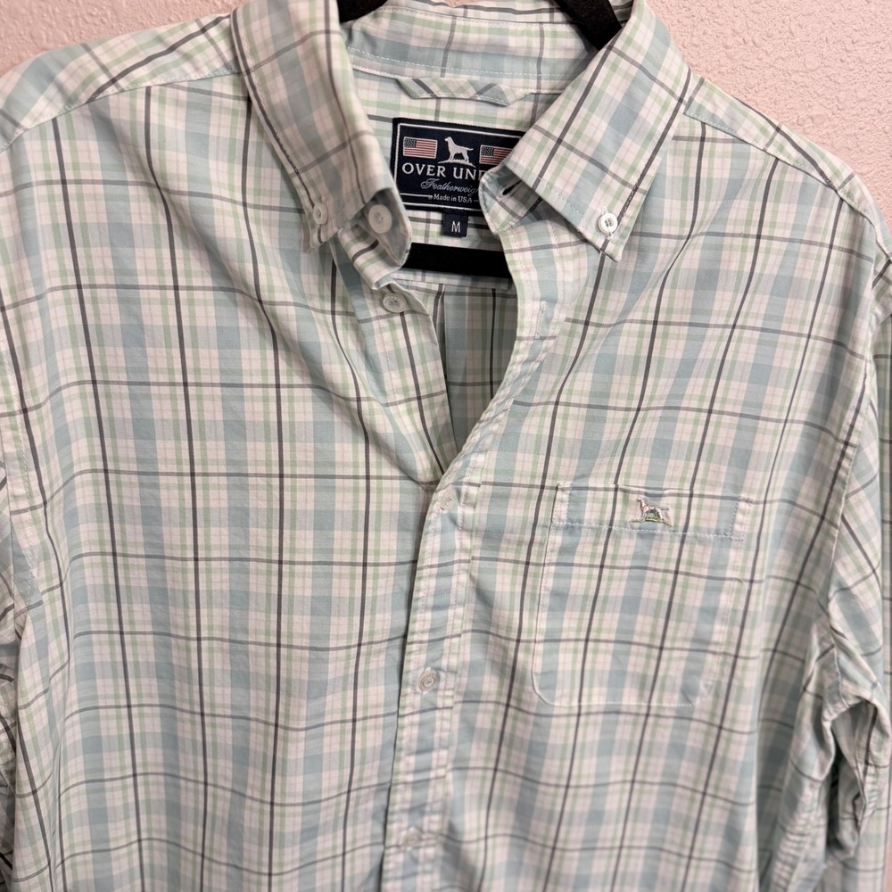Over Under Featherweight Mens Medium Plaid Button Down Shirt Blue Green USA Made - Picture 2 of 8